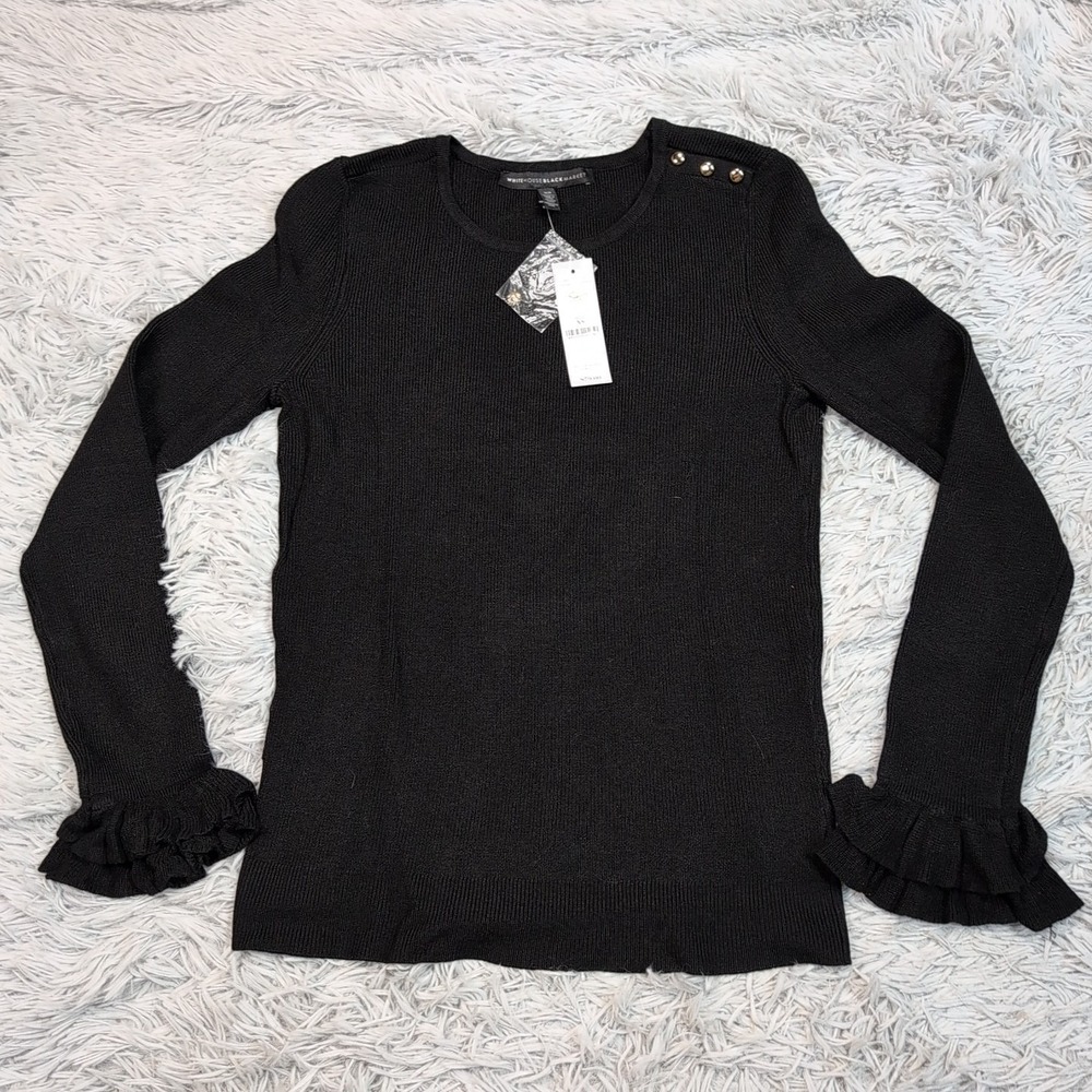 White House Black Market Shirt Womens XS Black Top Textured Blouse Preppy New